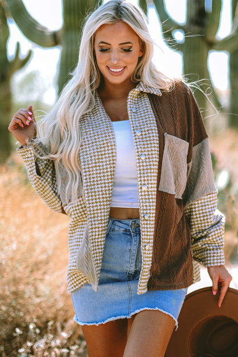Houndstooth Patterned Textured Patchwork Loose Shacket Jackets