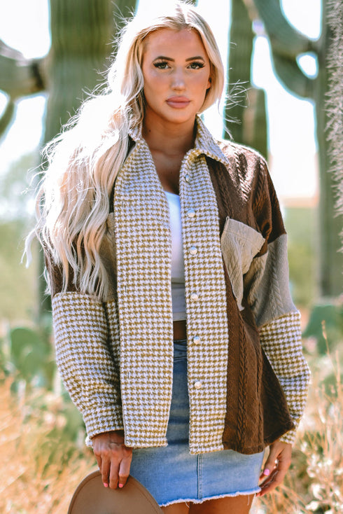 Houndstooth Patterned Textured Patchwork Loose Shacket Jackets
