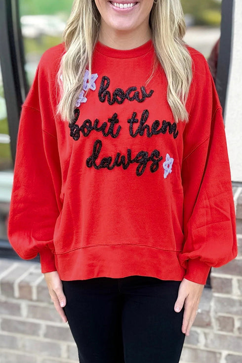How Bout Them Dawgs Chenille Script Balloon Sleeve Drop Shoulder Sweatshirt