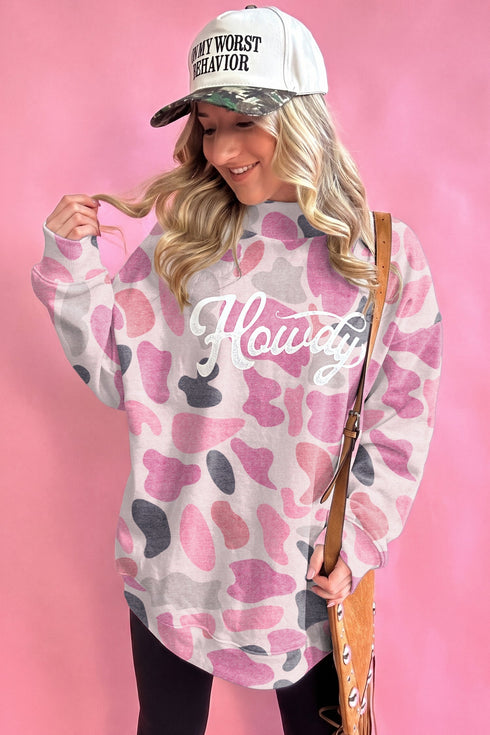 Howdy Camo Print Mock Neck Baggy Pullover Sweatshirt