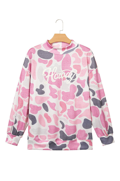 Howdy Camo Print Mock Neck Baggy Pullover Sweatshirt