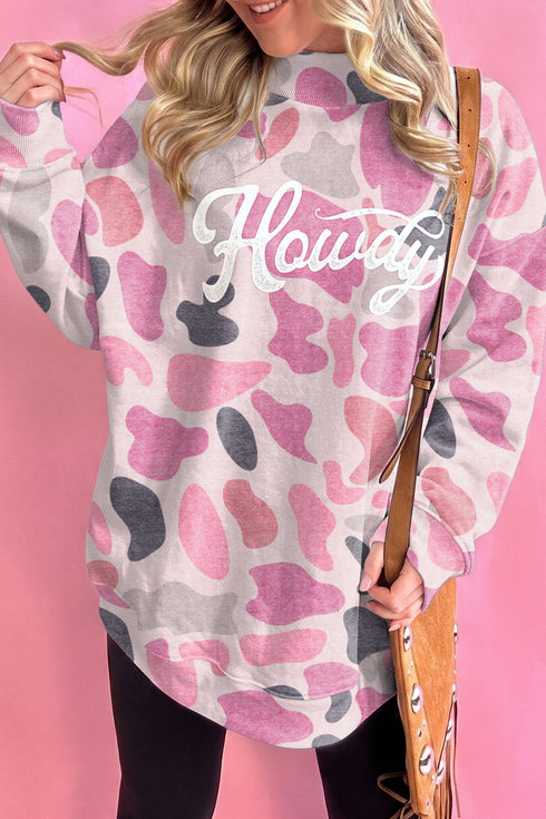 Howdy Camo Print Mock Neck Baggy Pullover Sweatshirt