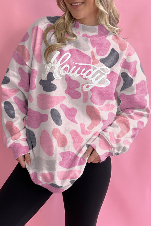 Howdy Camo Print Mock Neck Baggy Pullover Sweatshirt