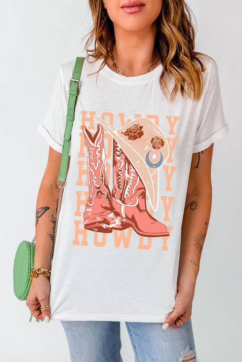 Howdy Cowboy Boots Graphic Crew Neck T-Shirt