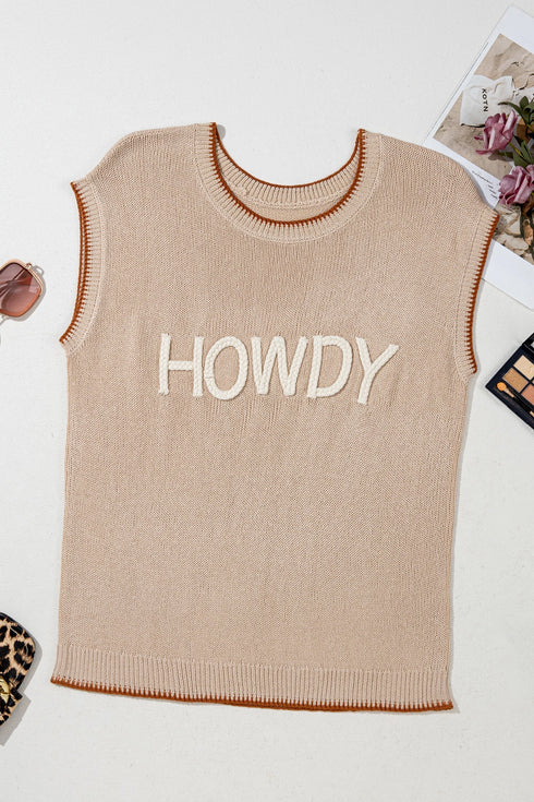 Howdy Letter Print Western Graphic Knit Short Sleeve Sweater