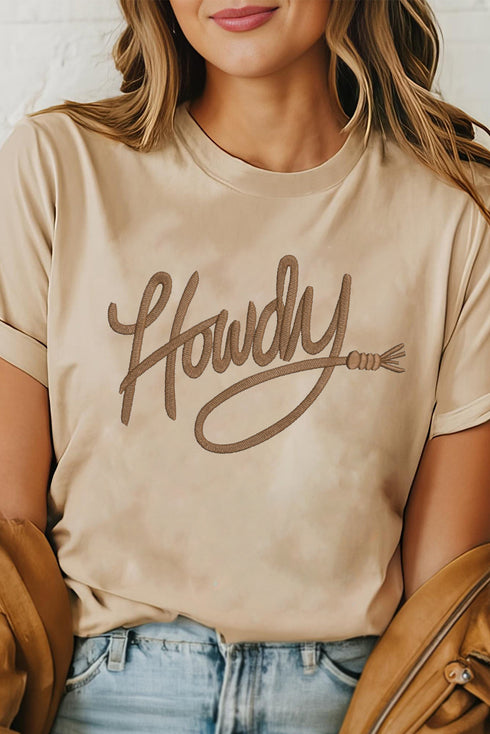 Howdy Rope Script Embroidered Western Style Graphic Short Sleeve Tee