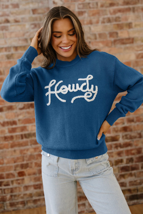 Howdy Script Graphic Crew Neck Pullover Sweater