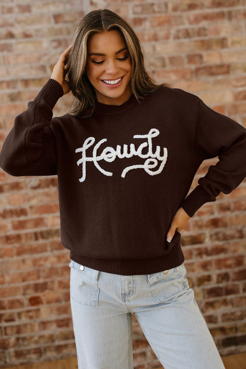Howdy Script Graphic Crew Neck Pullover Sweater