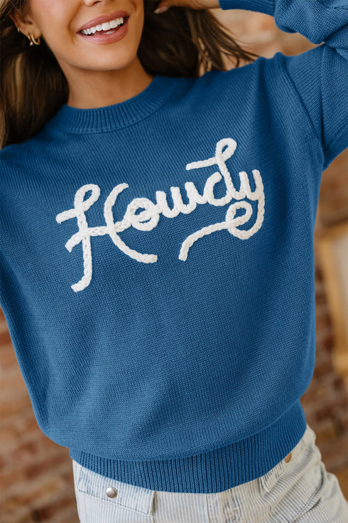 Howdy Script Graphic Crew Neck Pullover Sweater