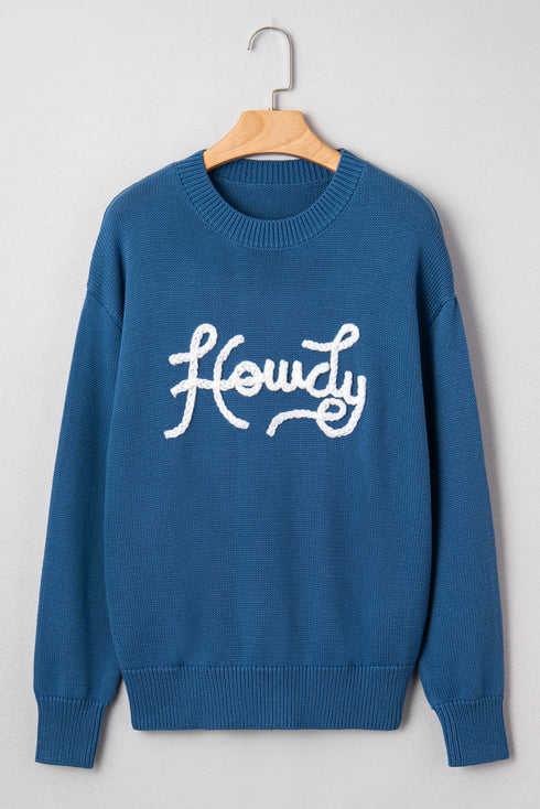 Howdy Script Graphic Crew Neck Pullover Sweater