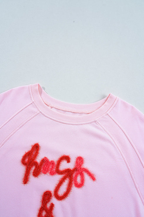 Hugs And Kisses Textured Graphic Raglan Pullover Sweatshirt