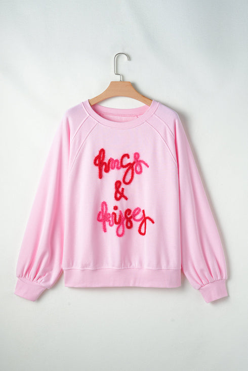 Hugs And Kisses Textured Graphic Raglan Pullover Sweatshirt
