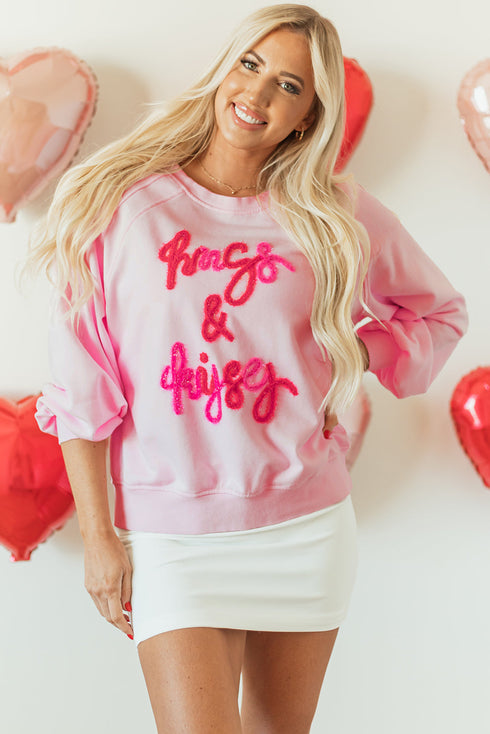 Hugs And Kisses Textured Graphic Raglan Pullover Sweatshirt