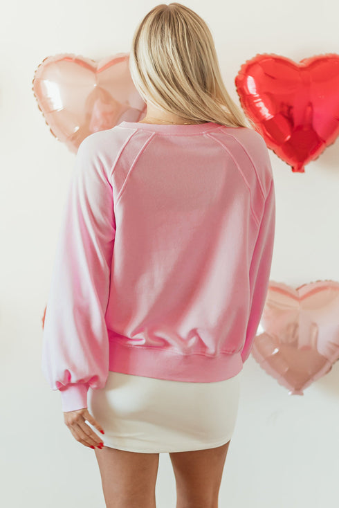 Hugs And Kisses Textured Graphic Raglan Pullover Sweatshirt