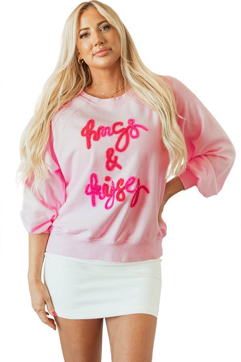 Hugs And Kisses Textured Graphic Raglan Pullover Sweatshirt