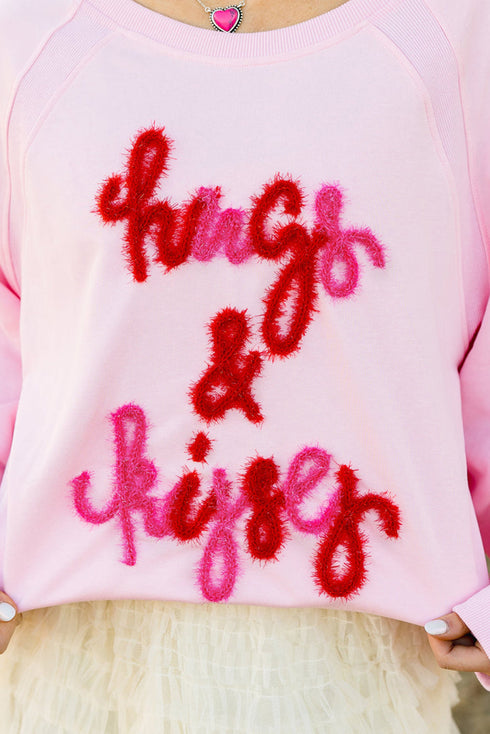 Hugs And Kisses Textured Graphic Raglan Pullover Sweatshirt