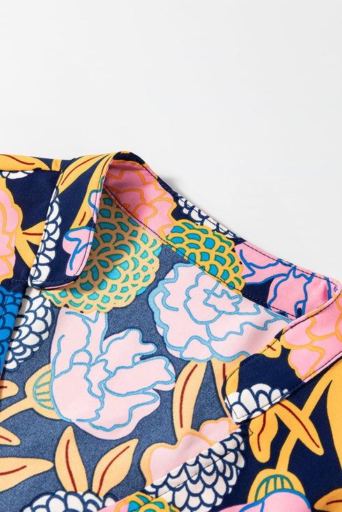 Hydrangea Floral Print Bishop Sleeve V Neck Shift Dress