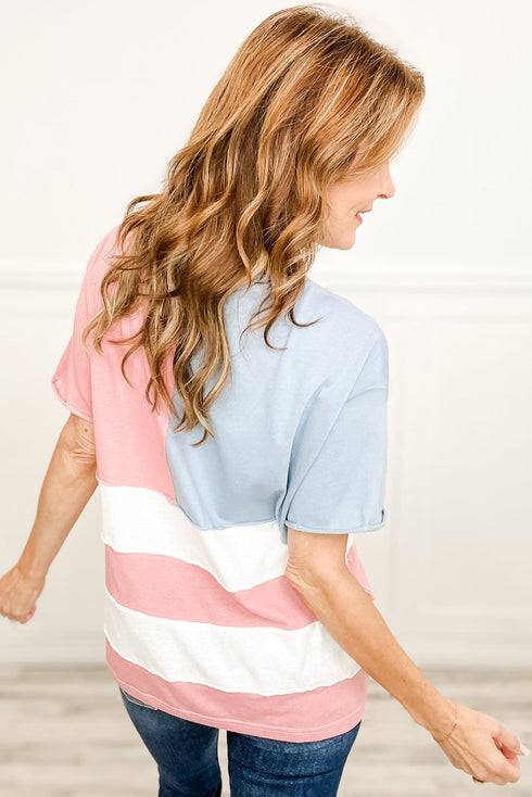 Independence Day Stars And Stripes Raw Hem Color Block T Shirt