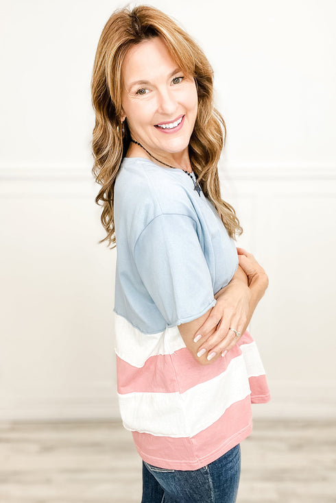 Independence Day Stars And Stripes Raw Hem Color Block T Shirt