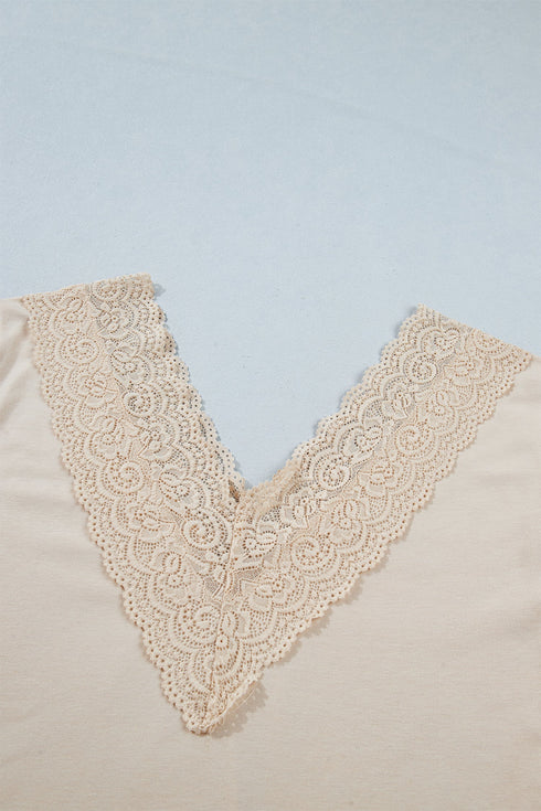 Intricate Lace Spliced V Neck Long Sleeve Top