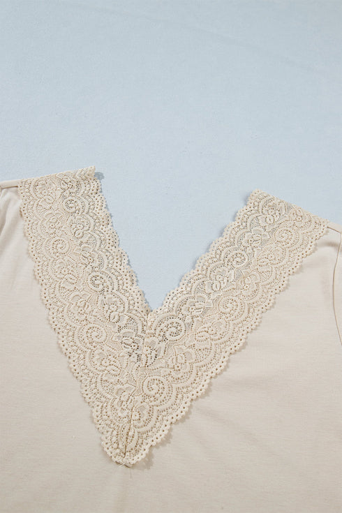 Intricate Lace Spliced V Neck Long Sleeve Top