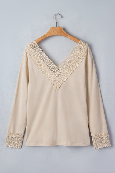 Intricate Lace Spliced V Neck Long Sleeve Top