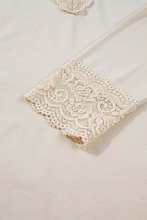 Intricate Lace Spliced V Neck Long Sleeve Top