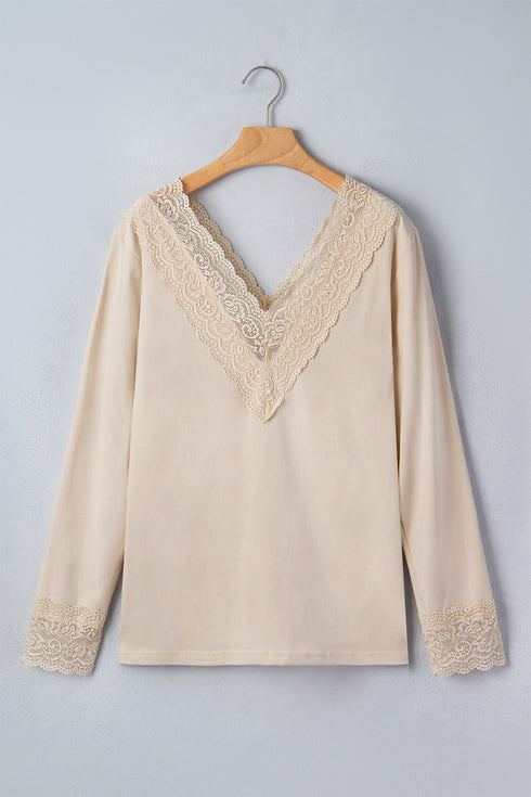 Intricate Lace Spliced V Neck Long Sleeve Top