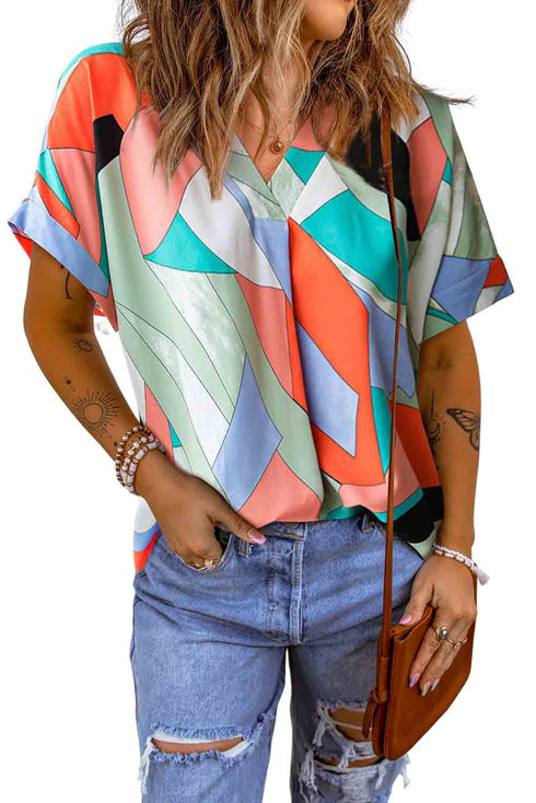 Irregular Color Block Printed Short Sleeve Blouse