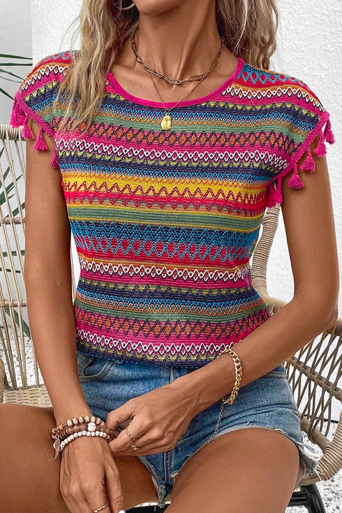 Jacquard Textured Striped Cap Sleeve Tassel Top