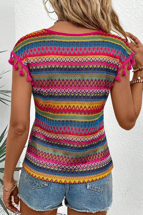 Jacquard Textured Striped Cap Sleeve Tassel Top