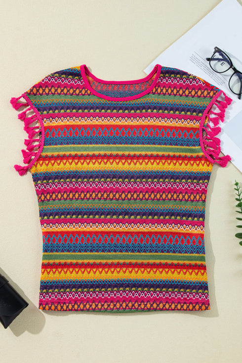 Jacquard Textured Striped Cap Sleeve Tassel Top