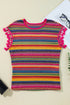 Jacquard Textured Striped Cap Sleeve Tassel Top