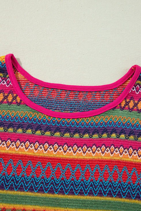 Jacquard Textured Striped Cap Sleeve Tassel Top