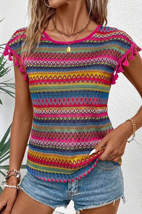 Jacquard Textured Striped Cap Sleeve Tassel Top