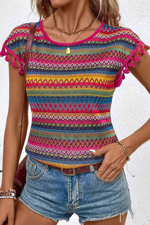 Jacquard Textured Striped Cap Sleeve Tassel Top