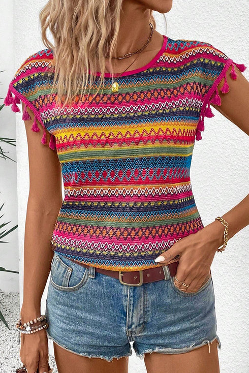Jacquard Textured Striped Cap Sleeve Tassel Top
