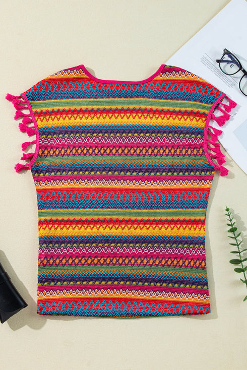 Jacquard Textured Striped Cap Sleeve Tassel Top
