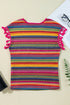Jacquard Textured Striped Cap Sleeve Tassel Top