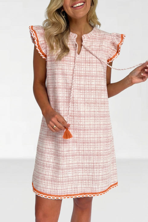 Jacquard Textured Tassel Tie Short Sleeve Mini Dress
