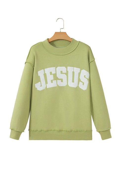 Jesus Letter Patch Exposed Seam Mock Neck Baggy Sweatshirt