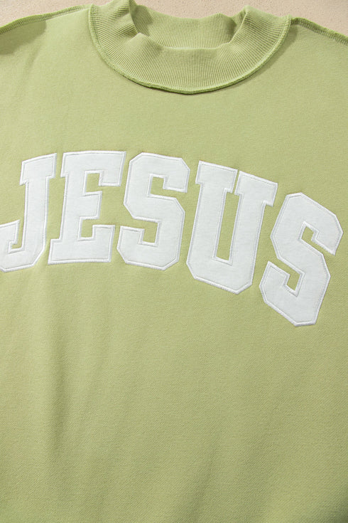 Jesus Letter Patch Exposed Seam Mock Neck Baggy Sweatshirt