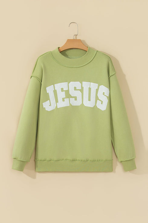 Jesus Letter Patch Exposed Seam Mock Neck Baggy Sweatshirt