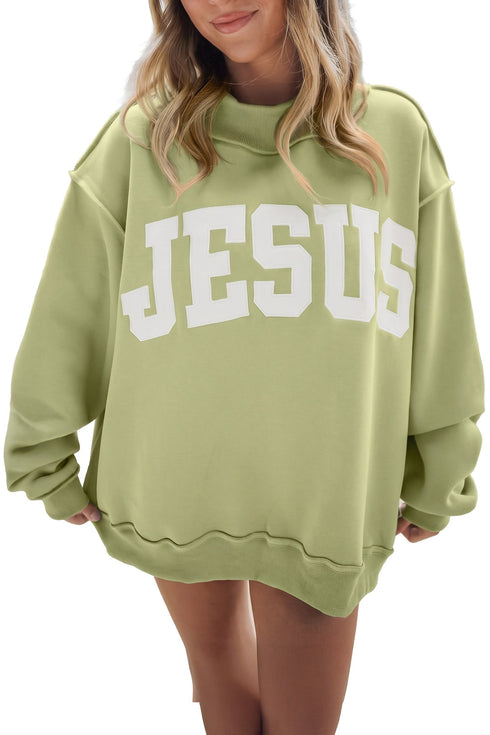 Jesus Letter Patch Exposed Seam Mock Neck Baggy Sweatshirt