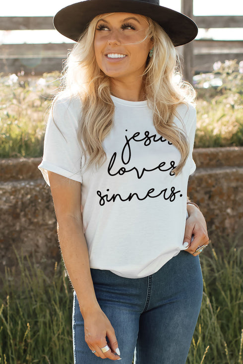 Jesus Loves Sinners Slogan Print Short Sleeve Tee