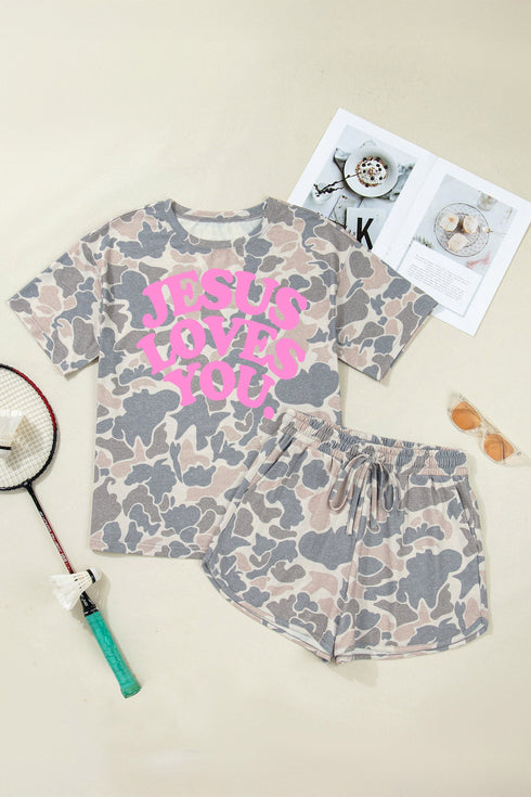 Jesus Loves You Camouflage Graphic Two Piece Short Set
