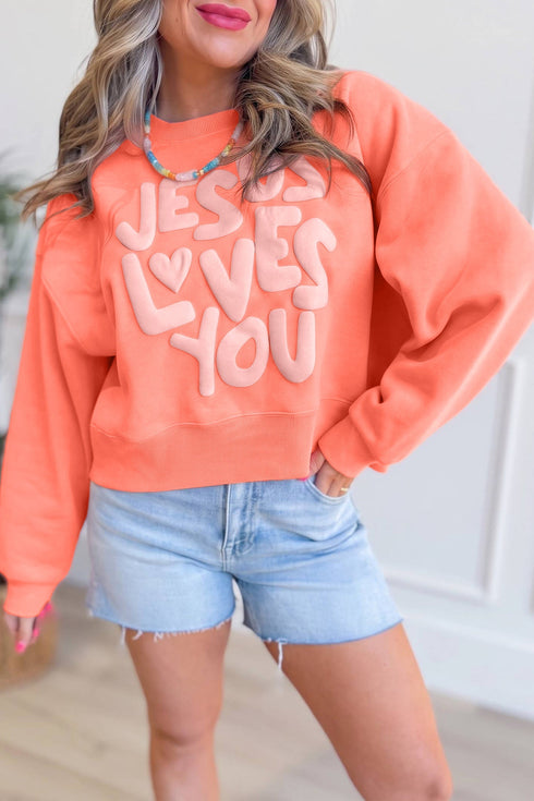 Jesus Loves You Puffy Letter Graphic Sweatshirt
