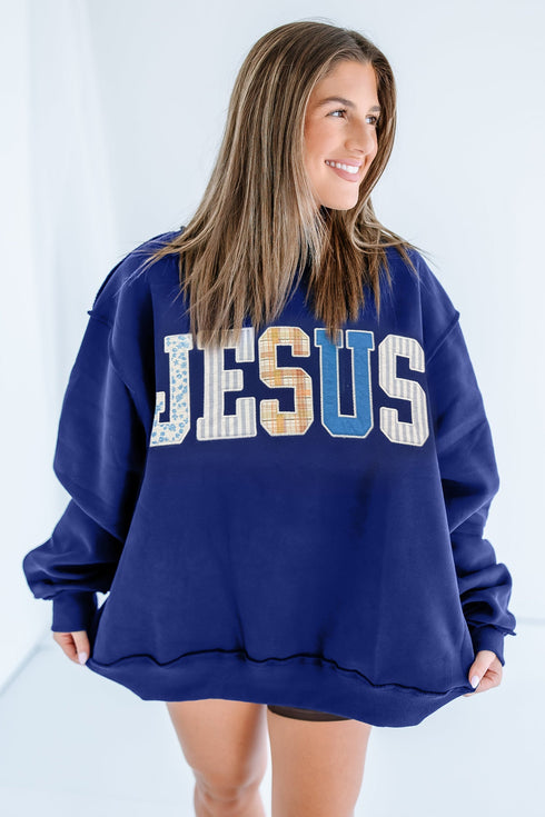 Jesus Mixed Pattern Embroidered Patch Mock Neck Sweatshirt