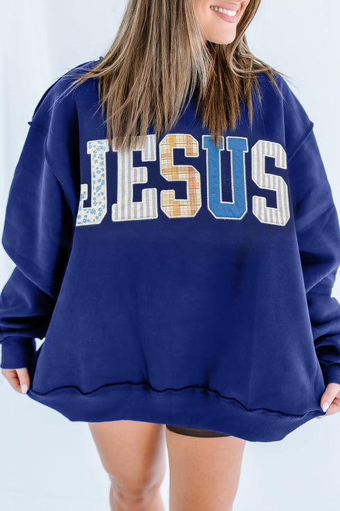 Jesus Mixed Pattern Embroidered Patch Mock Neck Sweatshirt