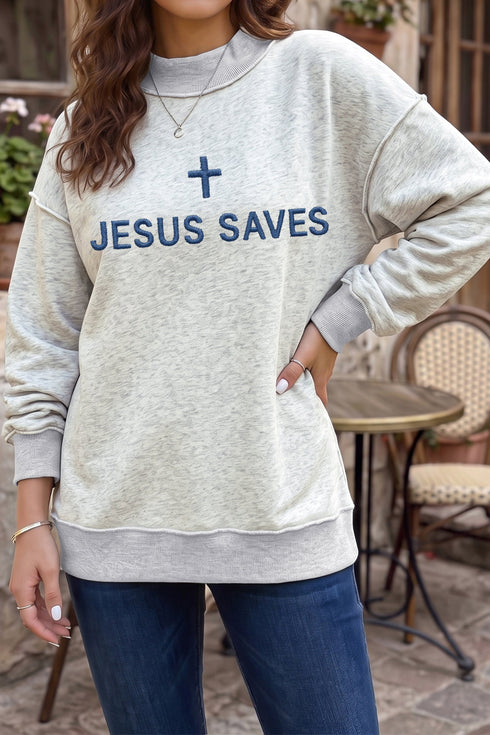 Jesus Saves Embroidered Exposed Seam Mock Neck Baggy Sweatshirt